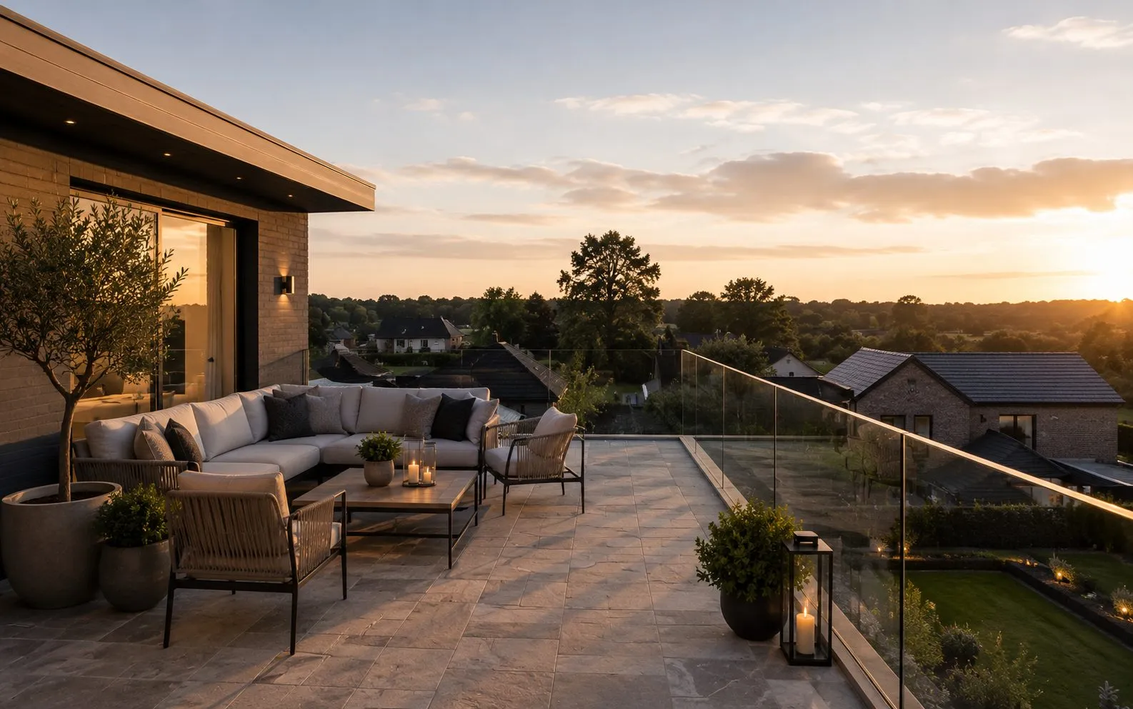 Roof terrace with stone paving and glazed balustrade, Hertfordshire