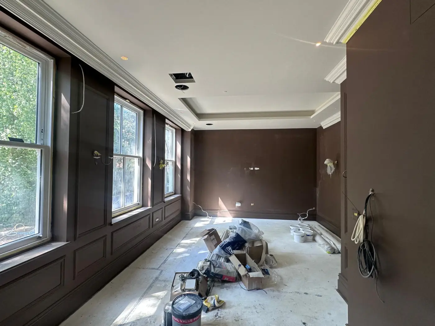 Panelled reception room with cornice detailing, private residence design and build Hampstead