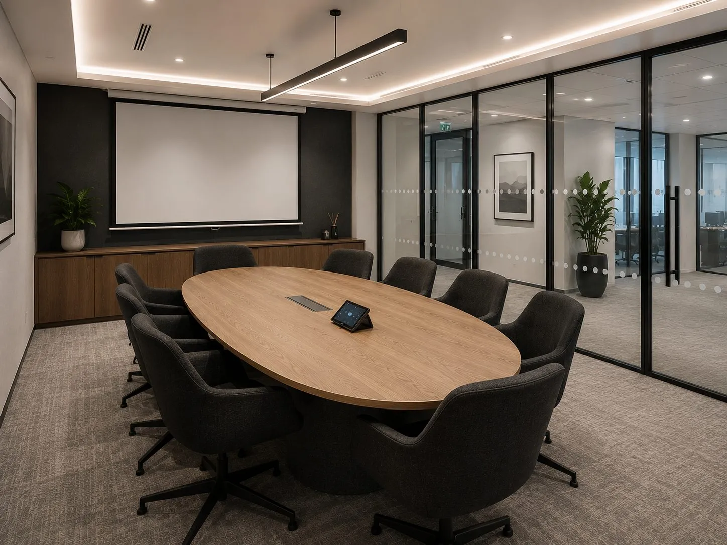 Boardroom with full AV integration, Stanmore office fit out
