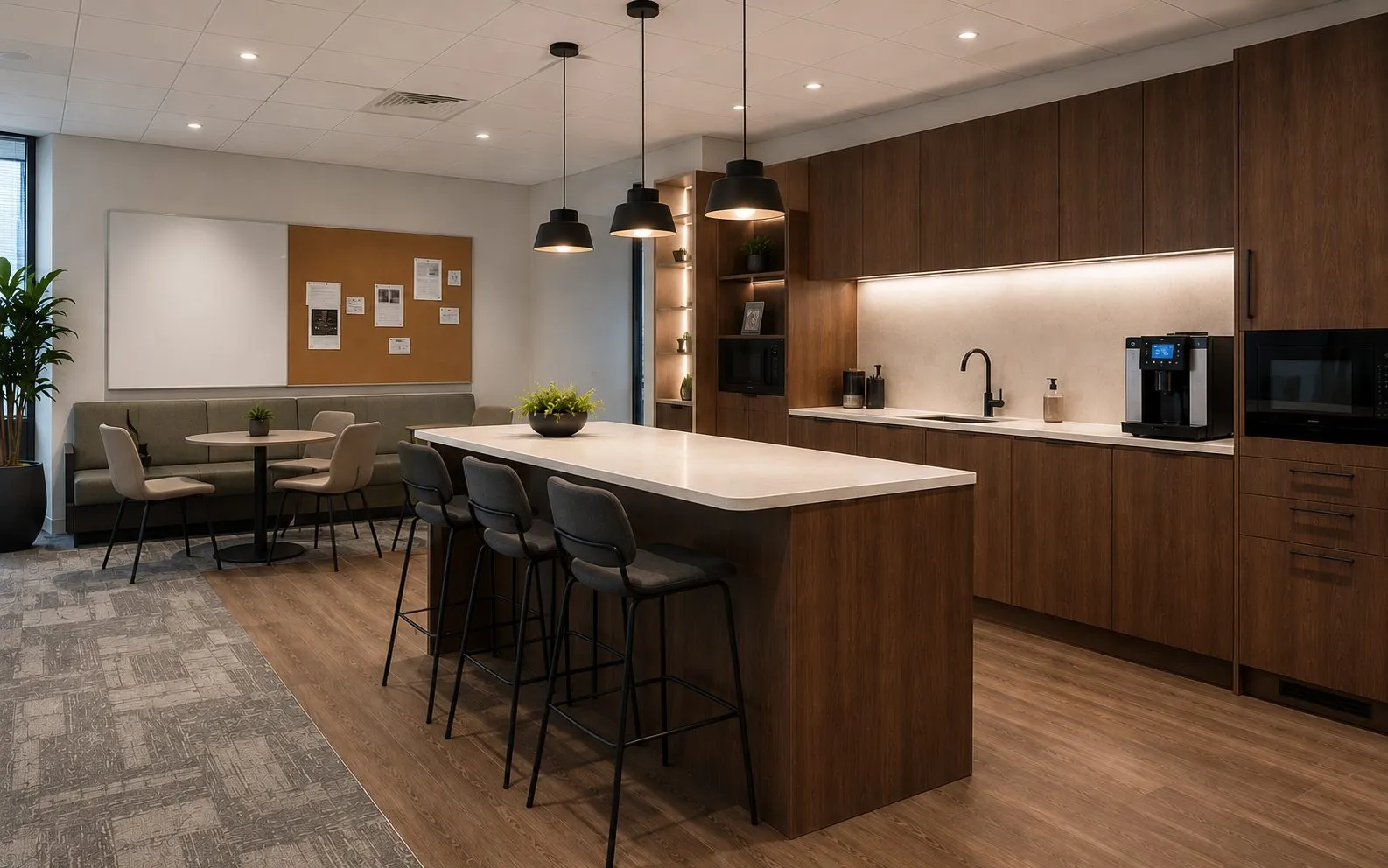 Bespoke luxury kitchenette and breakout zone, Stanmore commercial fit out