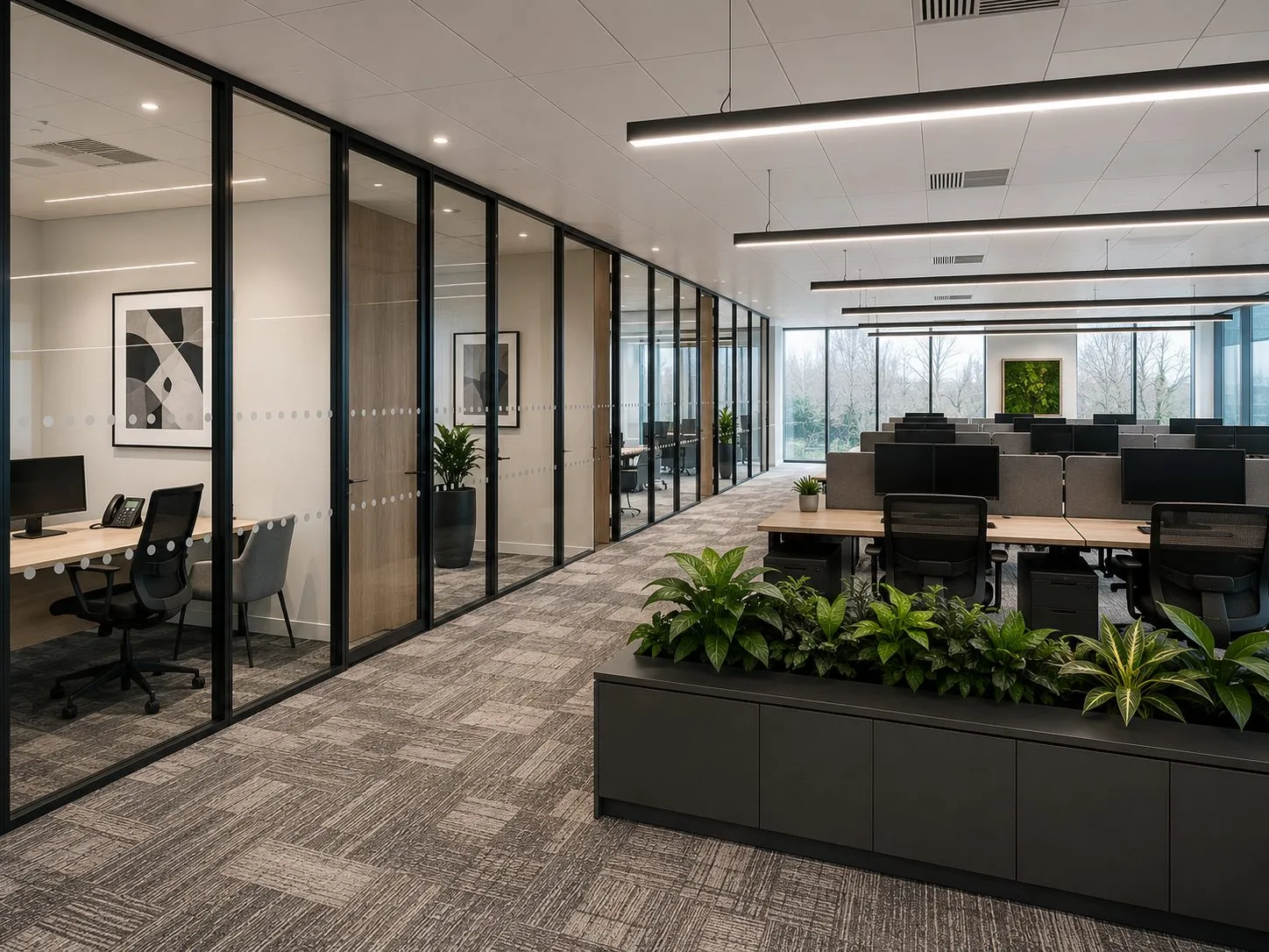 Open plan workstations with glazed partitions, Stanmore