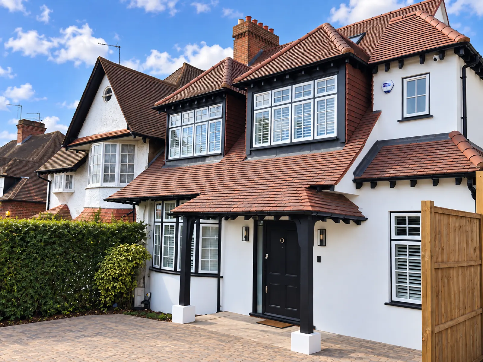 Period house in Golders Green with retained front façade and hipped tiled dormers, remodelled by Crown Building