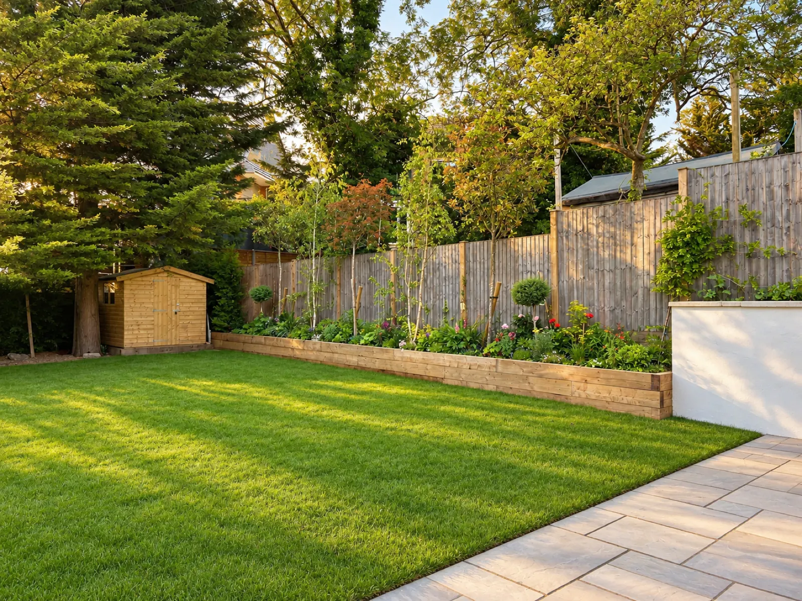 Rear garden and stone patio at a remodelled house in Golders Green