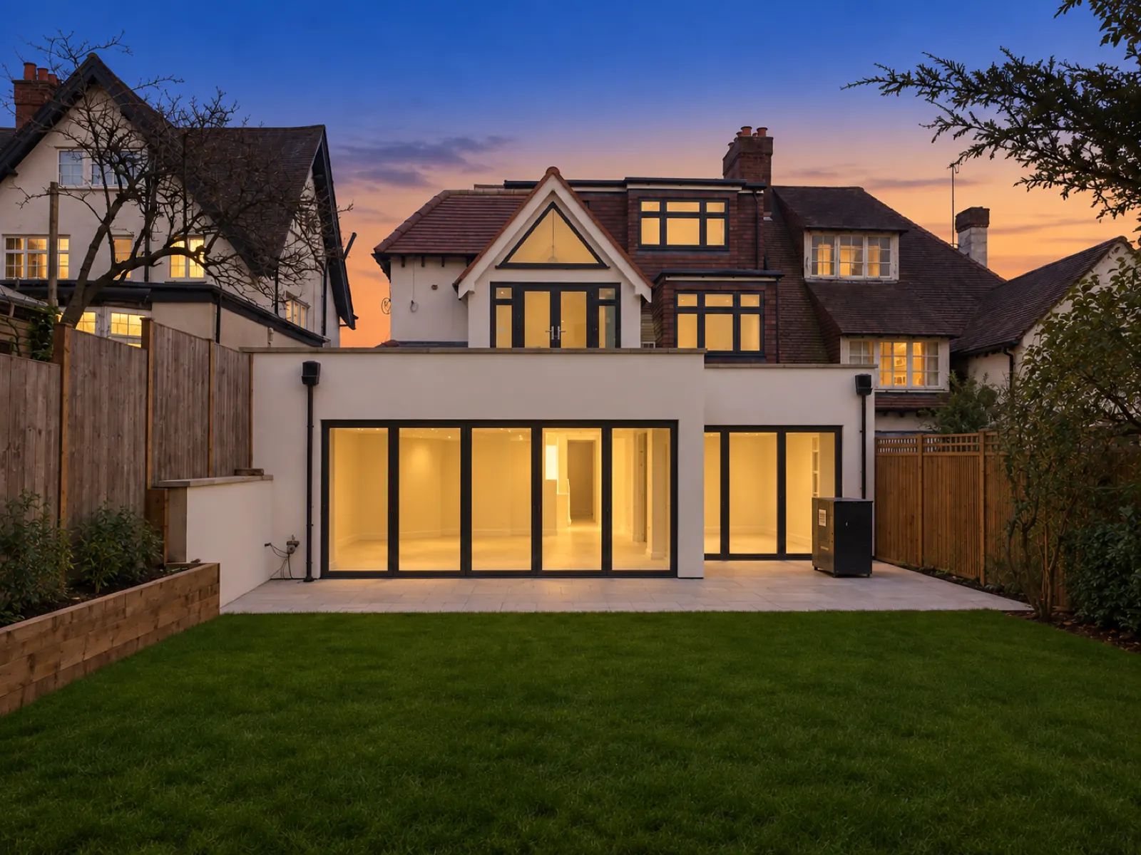 Rear elevation at dusk with a single storey rear extension and full height glazed doors, Golders Green