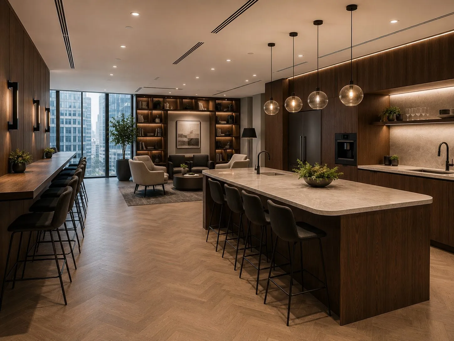 Hospitality breakout and kitchen zone, City of London office