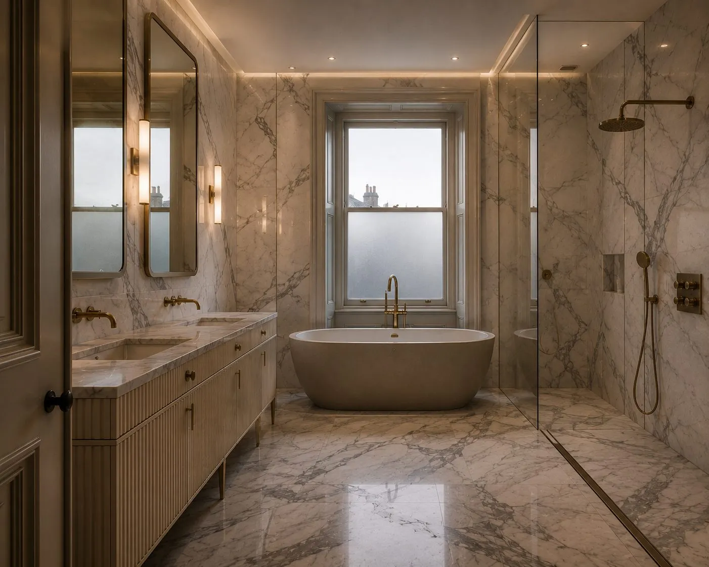 Principal en suite bathroom with marble and bespoke joinery, Mayfair
