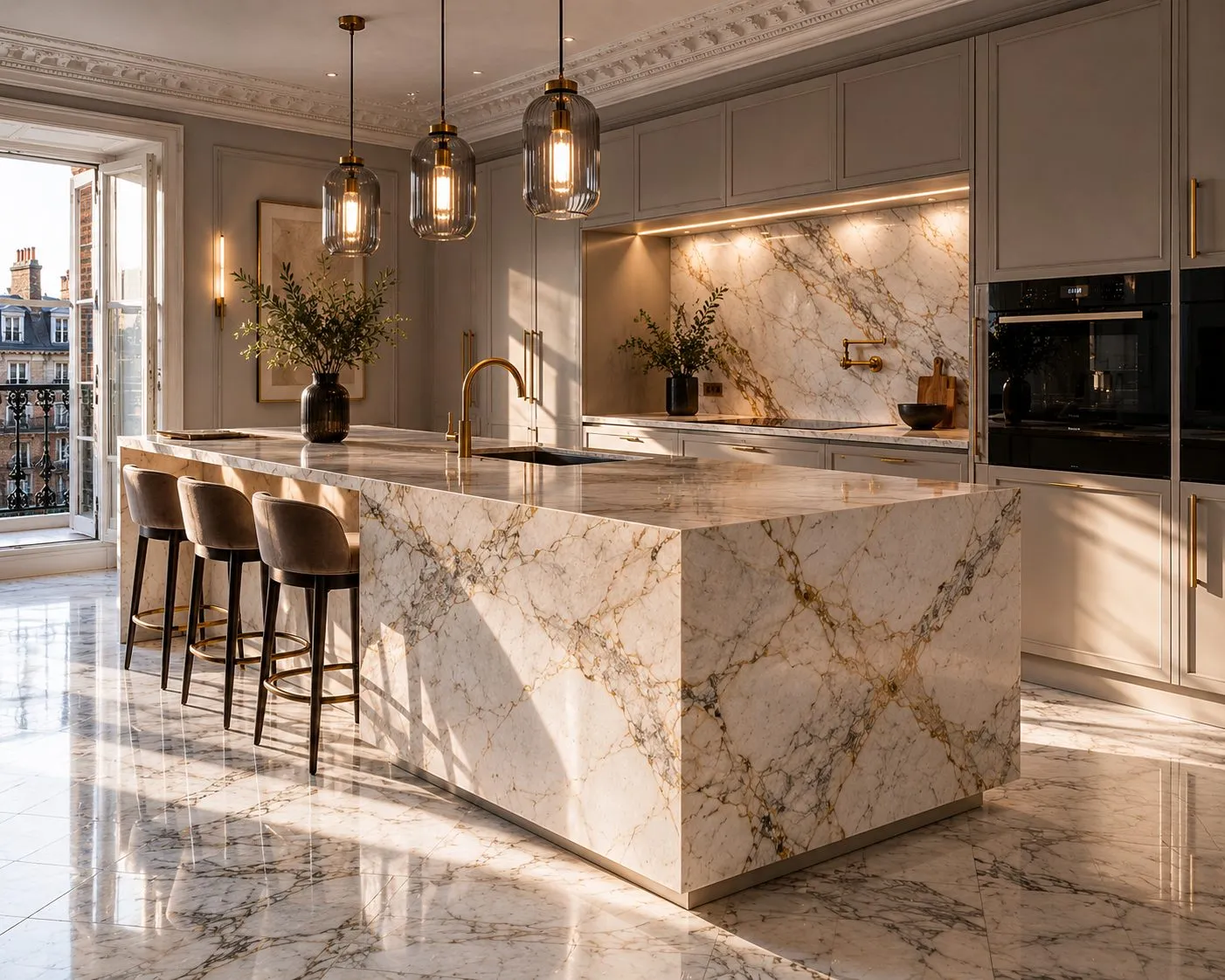 Crown Bespoke kitchen with Calacatta Gold island, Mayfair apartment refurbishment
