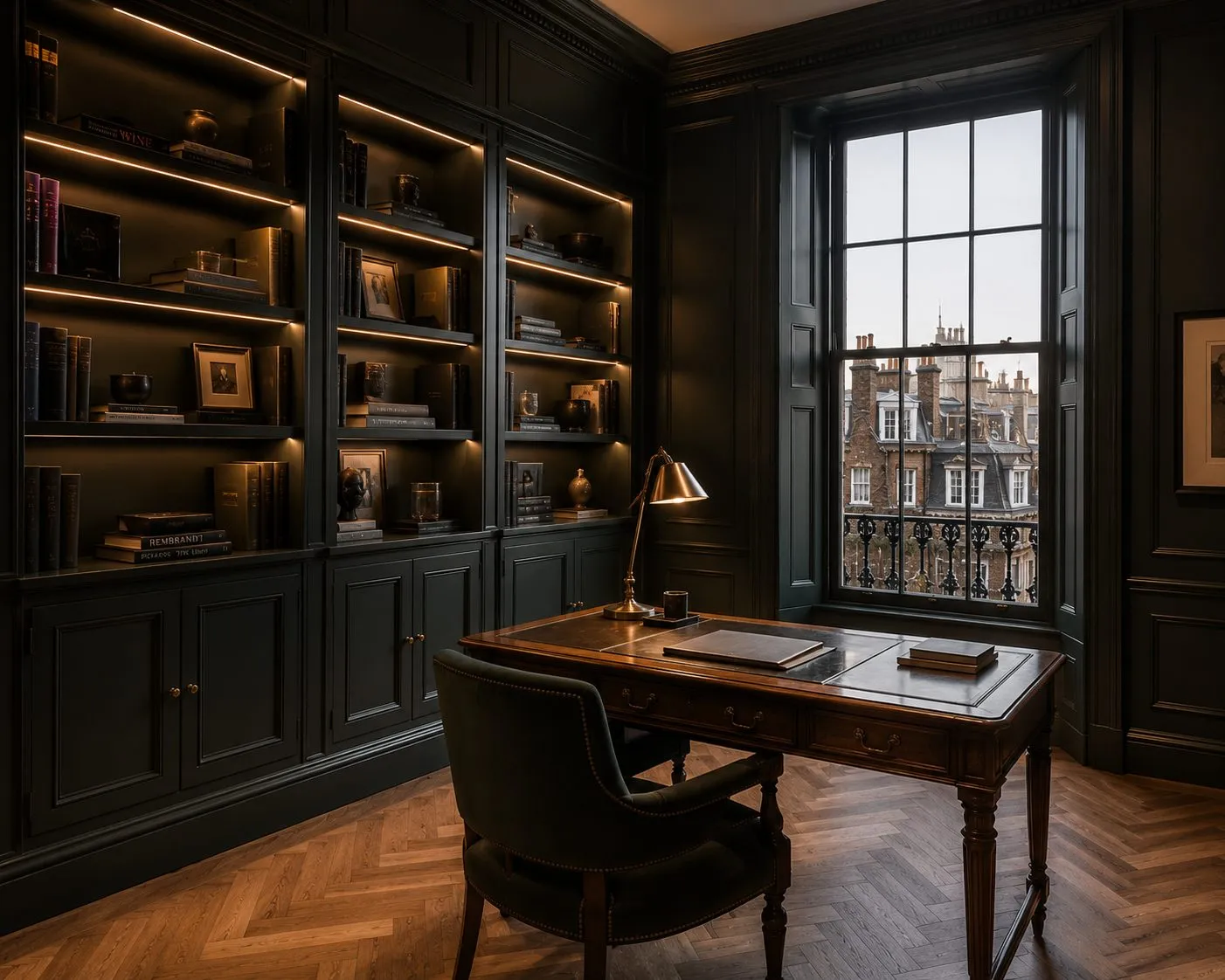 Bespoke luxury panelled study with library joinery, Mayfair W1