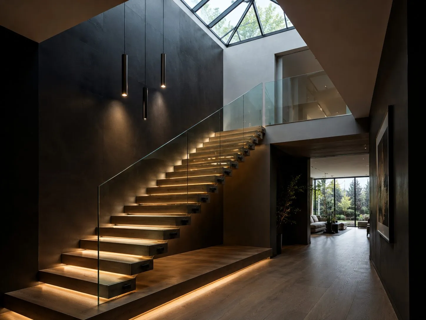Bespoke luxury staircase with oak treads and glass balustrade, Mill Hill