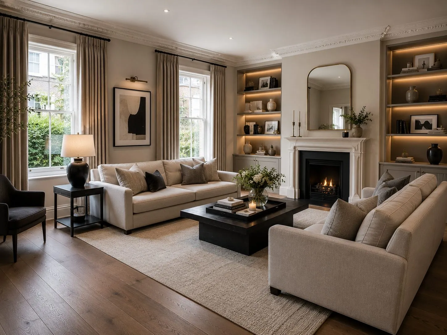 Open plan living area with engineered oak flooring, St John's Wood refurbishment