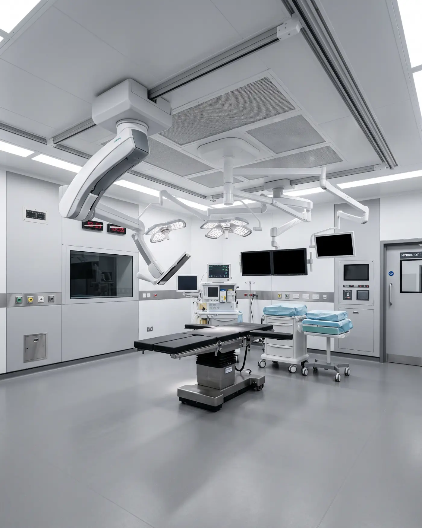 Ceiling void showing ductwork and labelled medical gas pipework