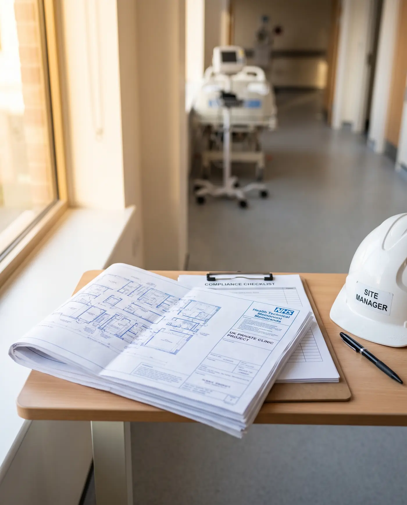 Mechanical and electrical first fix above ceiling level in a clinical build