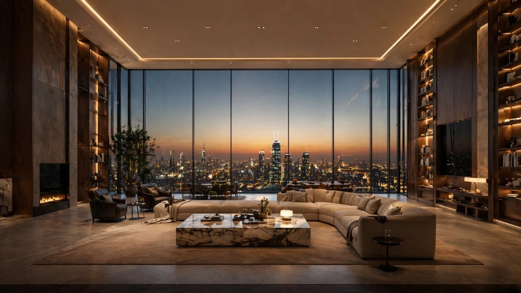 Ultra-luxury penthouse living room with panoramic city skyline — Crown Building