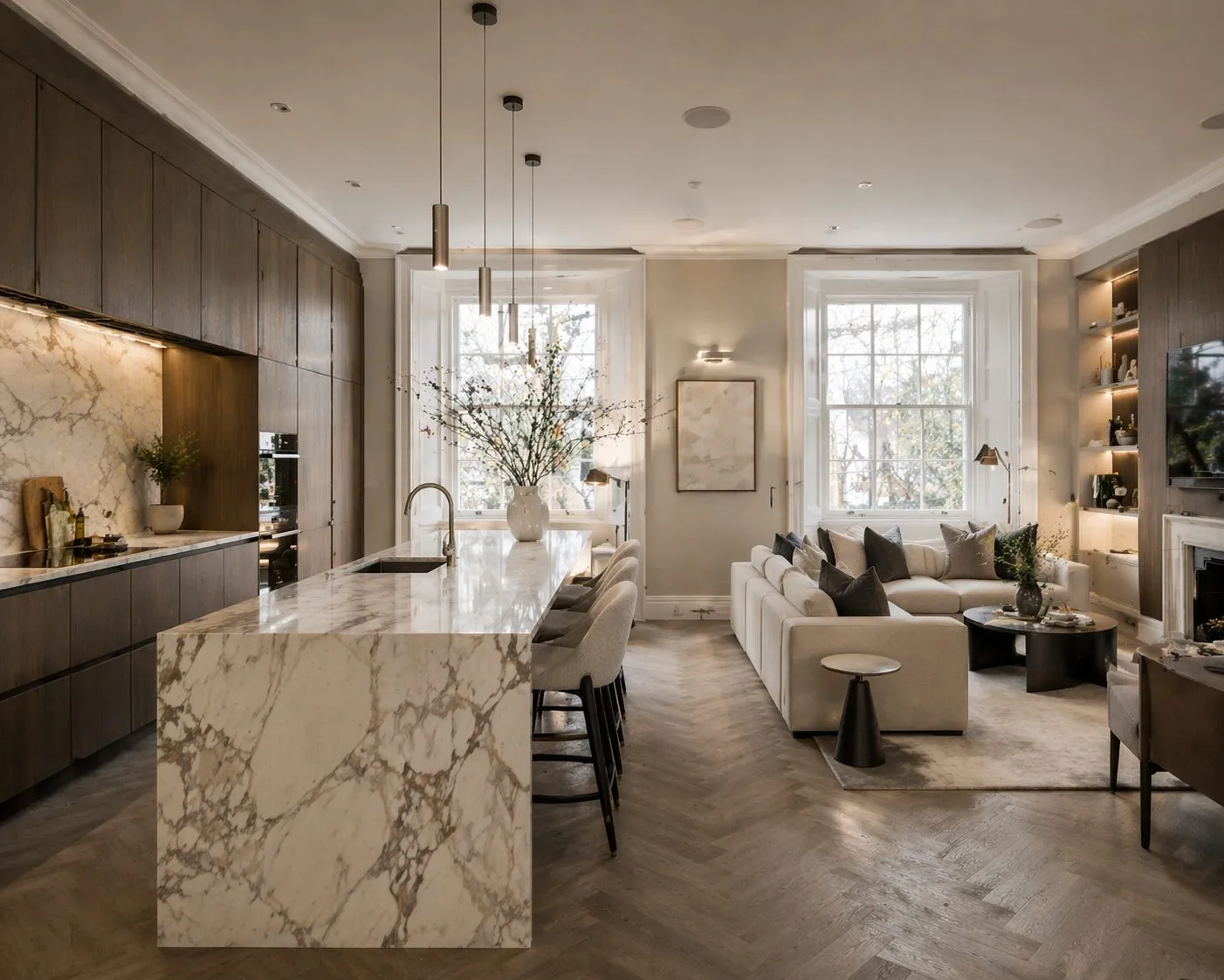 Bespoke luxury luxury open-plan kitchen and living space by Crown Building