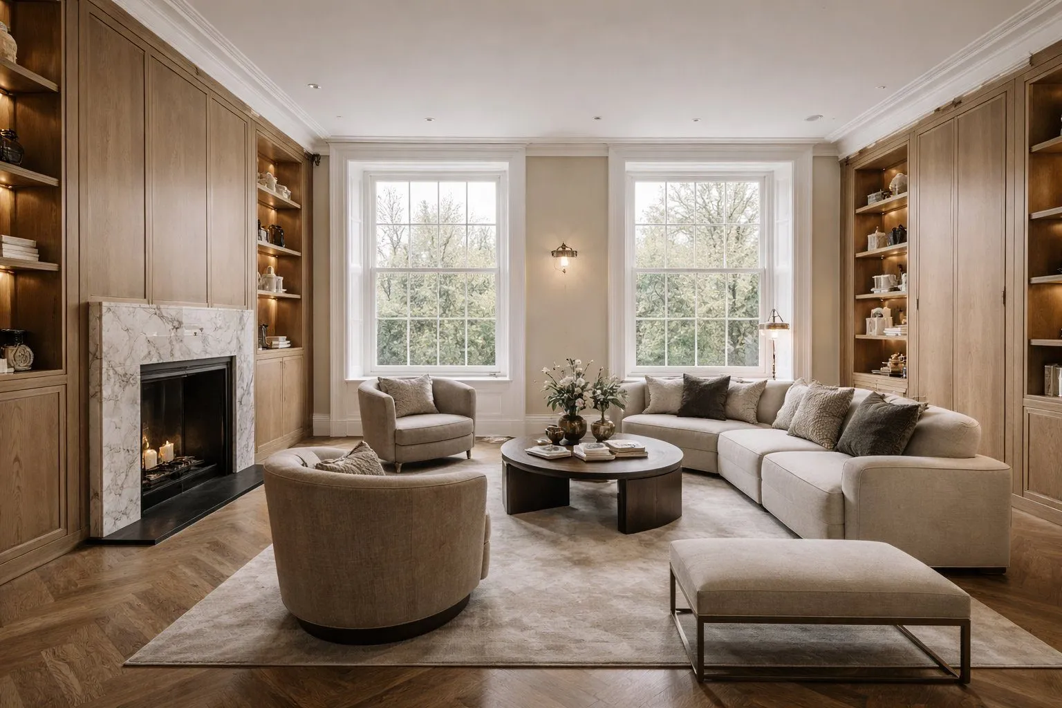 Ultra-luxury bespoke reception room, oak joinery, marble fireplace and herringbone parquet by Crown Building
